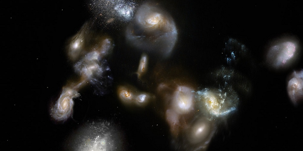 Deze artist’s impression toont een groep van onderling wisselwerkende en samensmeltende sterrenstelsels in het vroege heelal. 