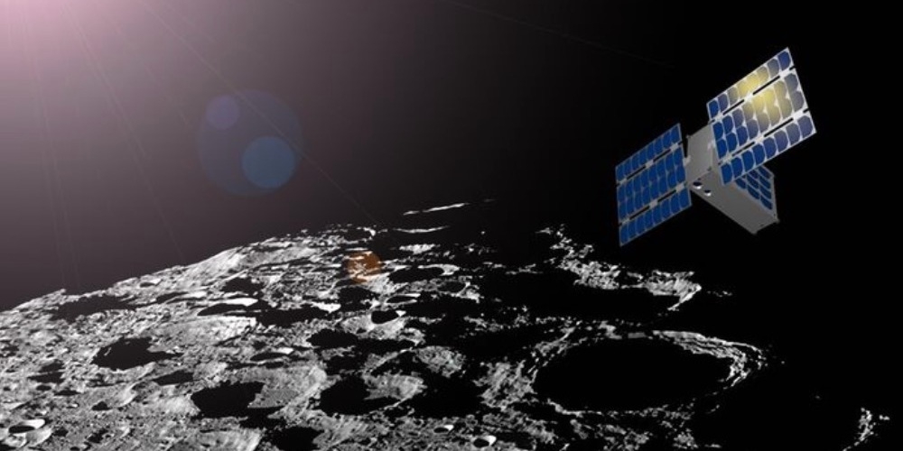 Artistieke impressie van de LunaH-Map cubesat in een baan om de Maan