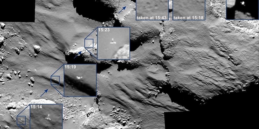 De landing van Philae gefotografeerd door Rosetta