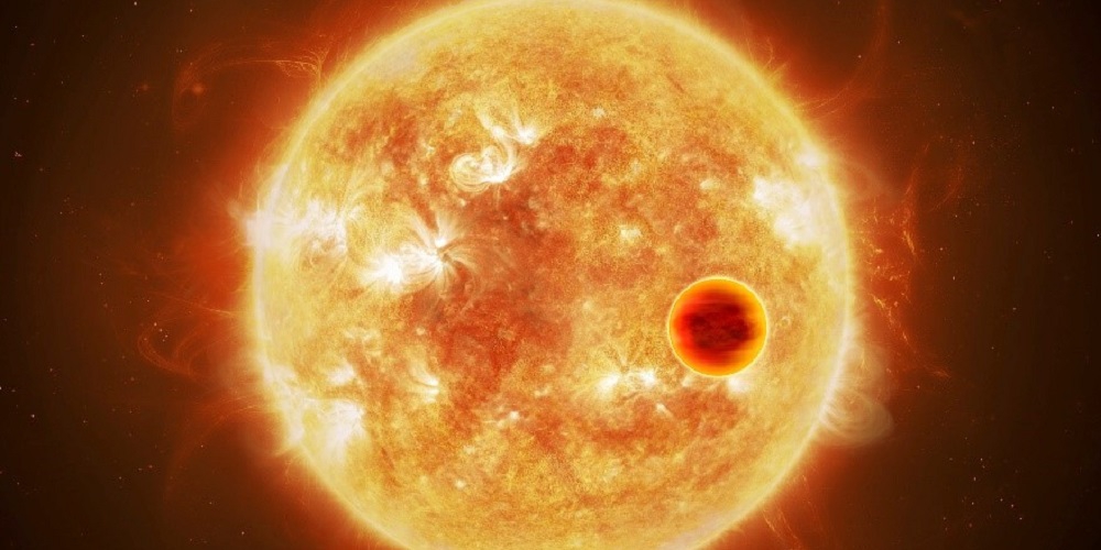 Artistieke weergave van een hete exoplaneet die dicht om zijn ster draait. 