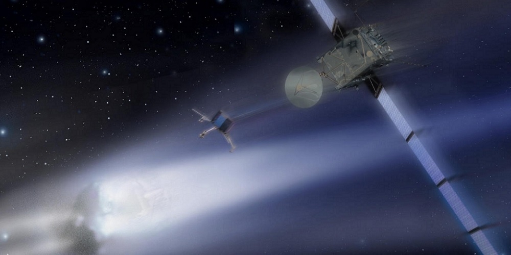 Artistieke impressie van de ruimtesonde Rosetta en de kleine komeetlander Philae