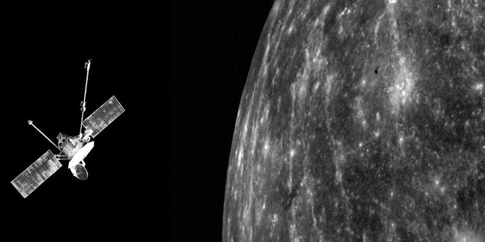 De Mariner 10 ruimtesonde in een baan om Mercurius