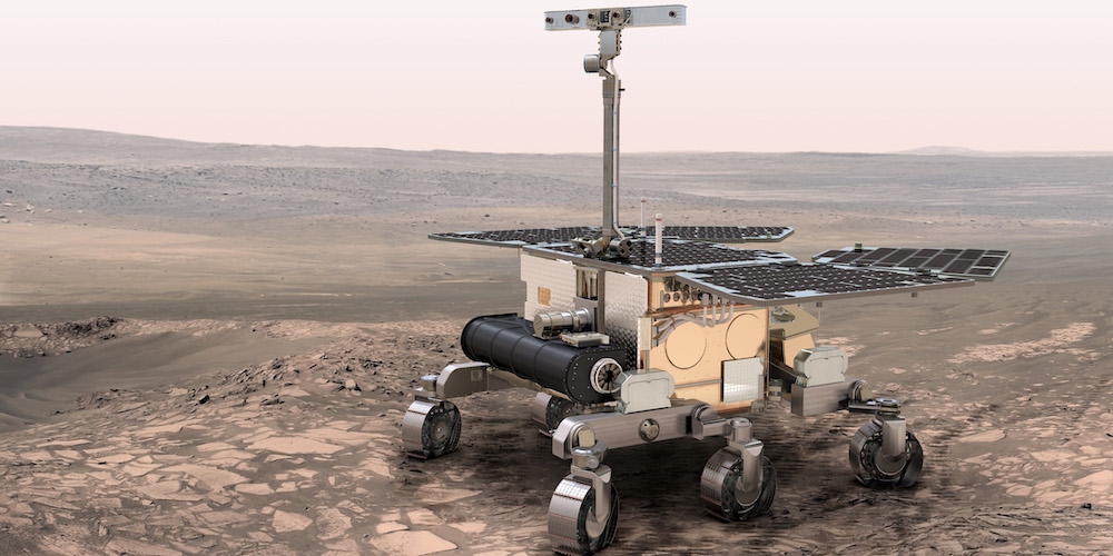 Artistieke impressie van de Europese Marsrover 'Rosalind Franklin' op de planeet Mars.