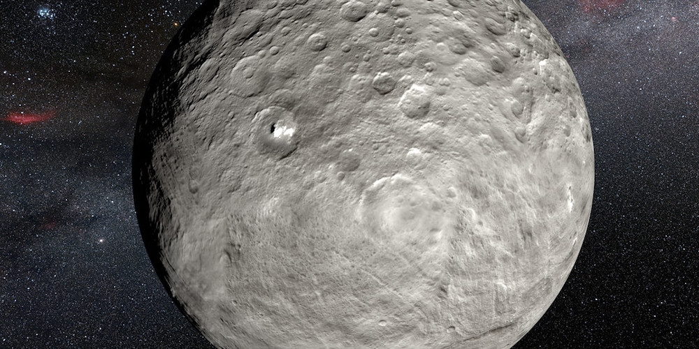 Deze artist’s impression is gebaseerd op een gedetailleerde kaart van het oppervlak van Ceres, die is samengesteld uit opnamen die gemaakt zijn door de NASA-ruimtesonde Dawn