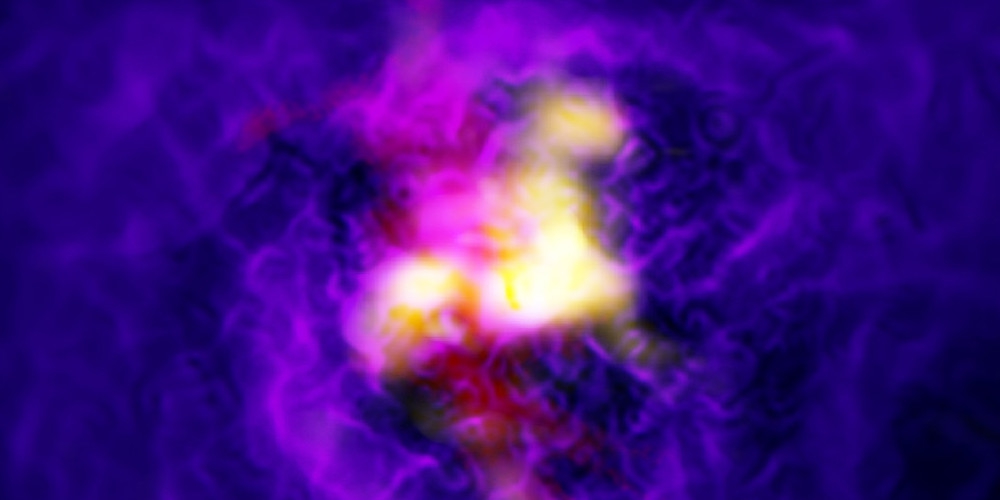 Compositiefoto van de cluster Abell 2597 waarop de fonteinachtige uitstroom van gas te zien is, die door het superzware zwarte gat in het centrale stelsel wordt aangedreven. 