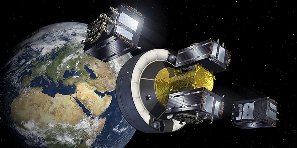 Artistieke impressie van de vier Galileo-satellieten die uitgezet worden in de ruimte