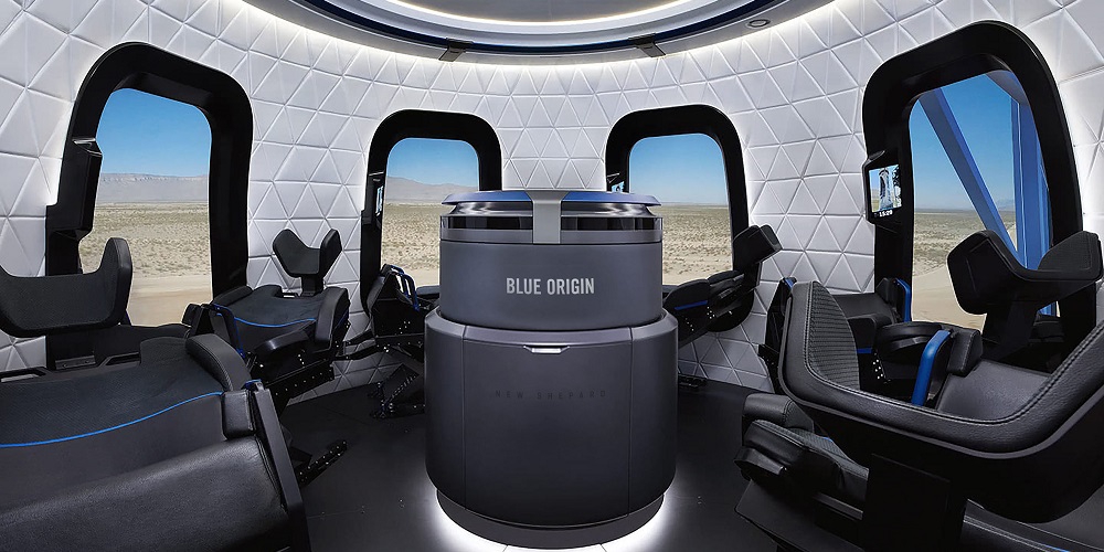 De binnenkant van de New Shepard ruimtecapsule.