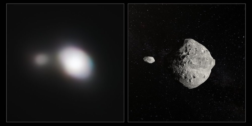 Dankzij de unieke mogelijkheden van het SPHERE-instrument van ESO’s Very Large Telescope is het gelukt om de scherpste opnamen te maken van een dubbelplanetoïde terwijl deze op 25 mei langs de aarde vloog.