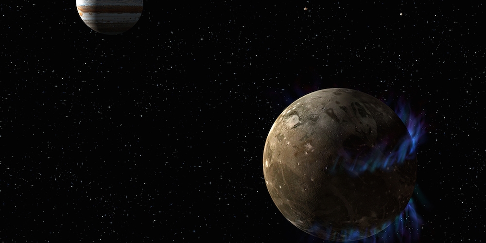 Artistieke impressie van de Jupitermaan Ganymedes