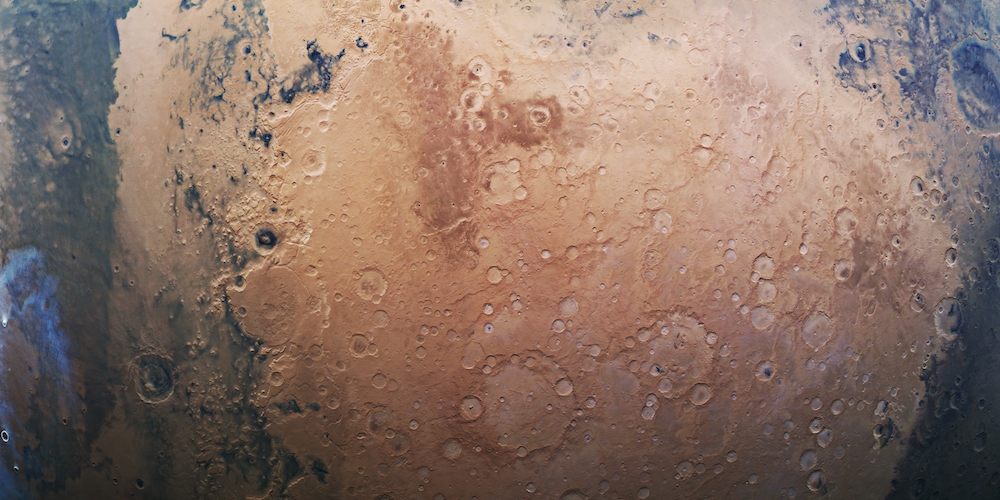 Beeld van de Terra Sabaea- en Arabia Terra-gebieden van Mars, samengesteld uit gegevens van de High Resolution Stereo Camera op ESA's Mars Express-ruimtesonde.