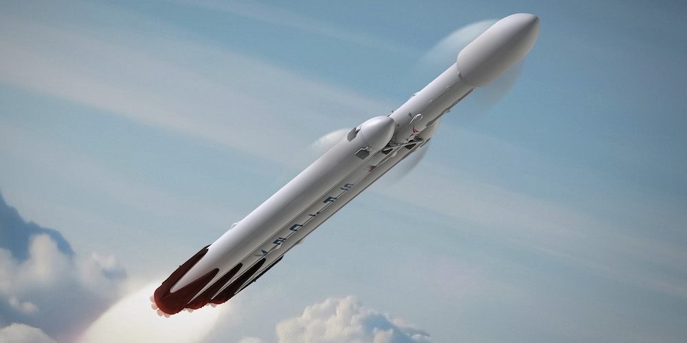 Artistieke impressie van de lancering van een Falcon Heavy raket.