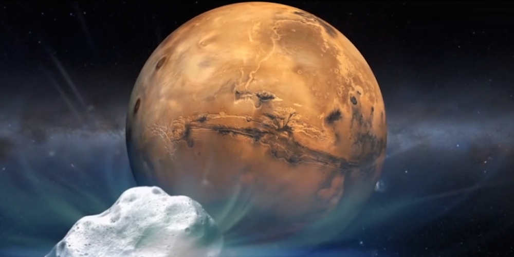 Artistieke impressie van de komeet Siding Spring die de planeet Mars nadert