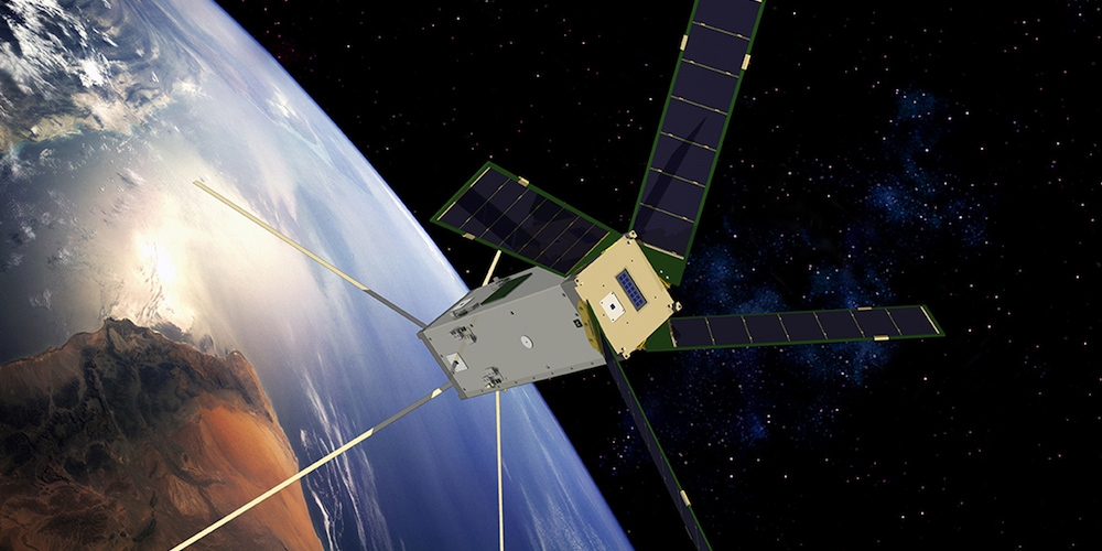 Artistieke impressie van de Nederlandse Delfi-n3Xt satelliet in een baan om de Aarde