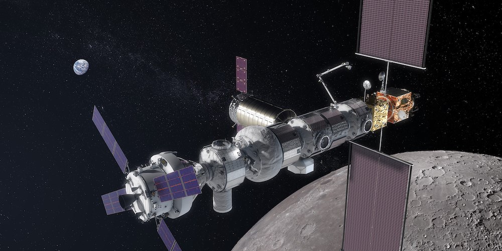 Artistieke impressie van het Lunar Orbital Platform-Gateway (LOP-G).