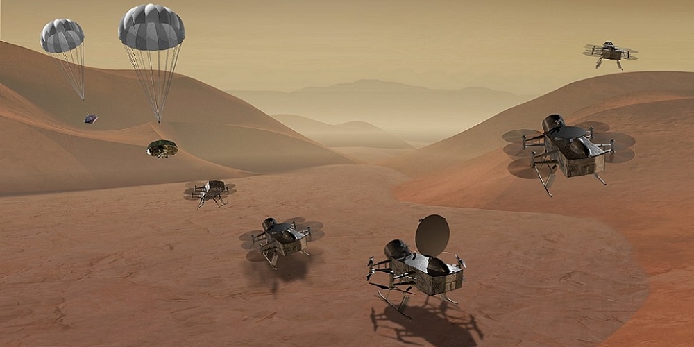 Artistieke impressie van de Dragonfly drone op de Saturnusmaan Titan.