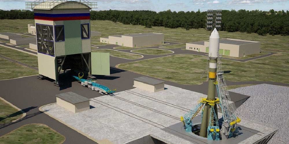 Artistieke impressie van het nieuwe Sojoez lanceercomplex op de Vostochny Cosmodrome