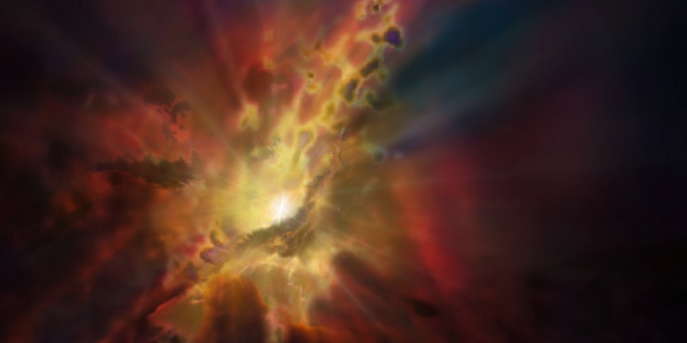 Het kosmische weerbericht, zoals voorgesteld in deze artist’s impression, maakt melding van condenserende wolken van koud moleculair gas rond de Abell 2597 Brightest Cluster Galaxy