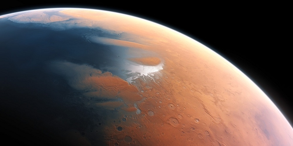 Deze artist’s impression laat zien hoe Mars er vier miljard jaar geleden kan hebben uitgezien. De jonge planeet zou nat genoeg zijn geweest om zijn volledige oppervlak met een 140 meter dikke laag water te bedekken