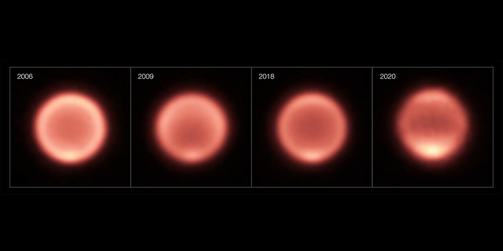 Deze afbeelding toont een aantal van de warmtebeelden die tussen 2006 en 2020 van Neptunus zijn gemaakt.