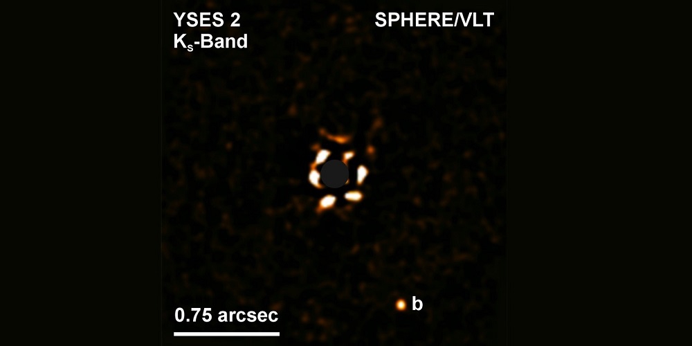 Directe afbeelding van exoplaneet YSES 2b (rechtsonder) en ster (midden).