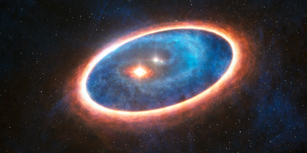Deze artist’s impression toont het stof en gas rond de dubbelster GG Tauri-A