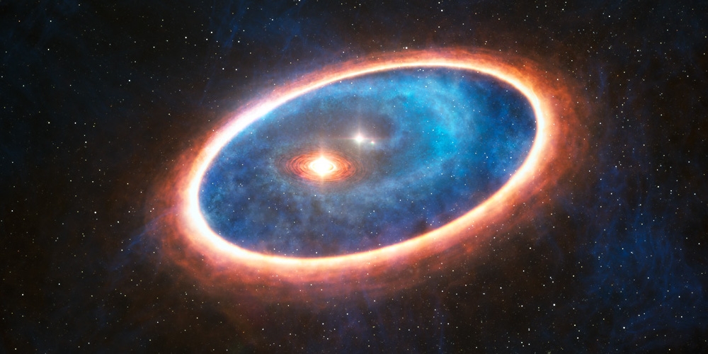 Deze artist’s impression toont het stof en gas rond de dubbelster GG Tauri-A