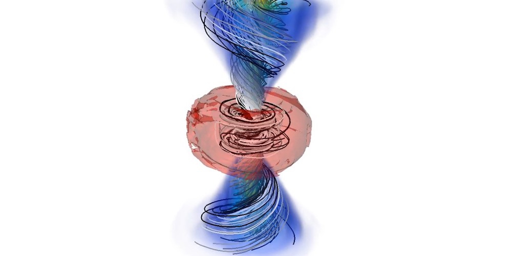 Een momentopname van de simulatie van twee botsende neutronensterren. In de grijze streng die door de rode ring loopt, ontstaat gammastraling. In de blauwe zandlopervorm wordt mogelijk goud gevormd. 