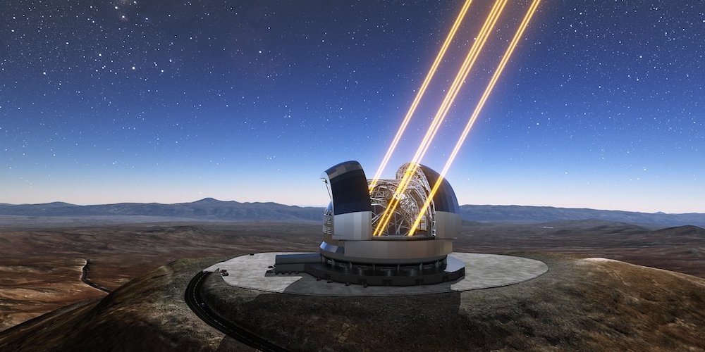 Deze artist’s impression toont de Extremely Large Telescope in actie op de Cerro Armazones in het noorden van Chili. 