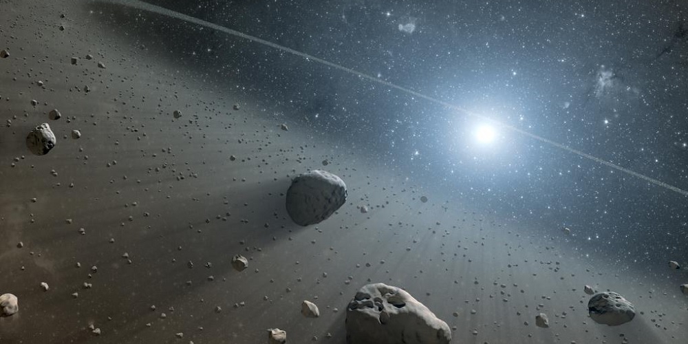 Artistieke impressie van planetoïden in een baan om de Zon. 