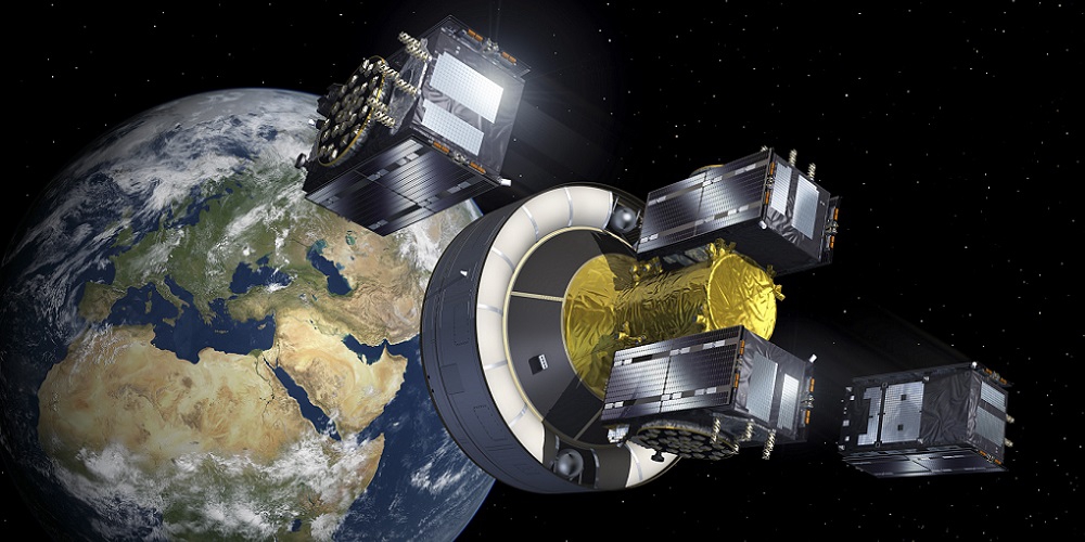 Artistieke impressie van Galileo navigatiesatelliet die uitgezet worden in de ruimte.
