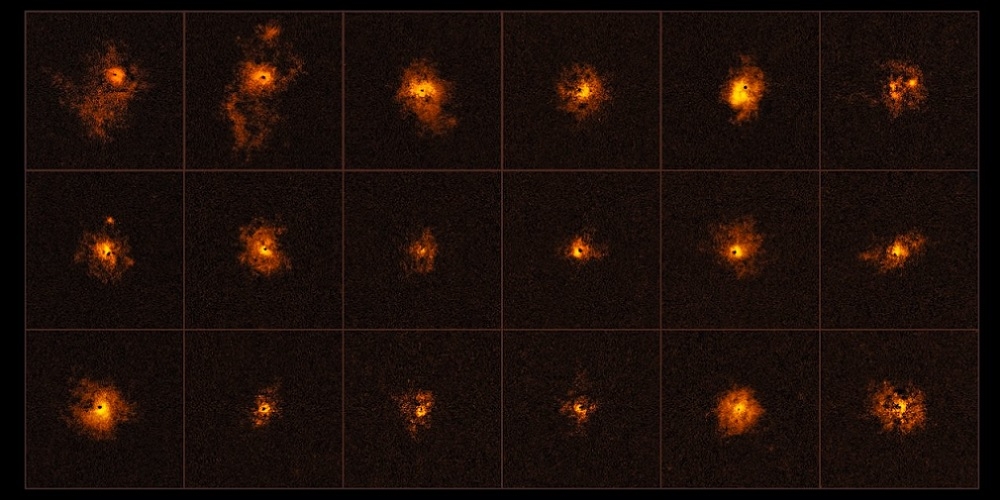 Deze fotocollage toont 18 van de 19 quasars die zijn waargenomen door een internationaal team van astronomen, onder leiding van de ETH Zürich, Zwitserland