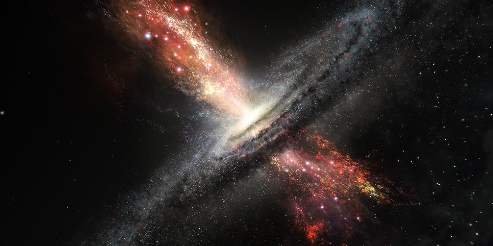 Artist’s impression van een sterrenstelsel dat sterren produceert in de krachtige uitstroom van materie die door de superzware zwarte gaten in zijn kern wordt weggeblazen.