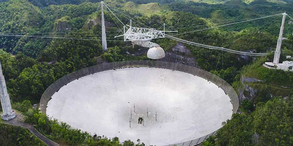 De Arecibo-radioschotel in betere tijden.