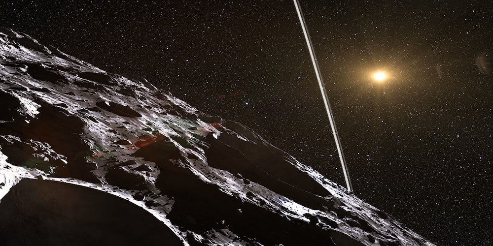 Artistieke impressie van de planetoïde Chariklo dat omgeven is door twee compacte, smalle ringen