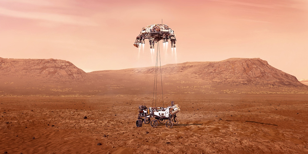Artistieke impressie van de landing op Mars van de Marsrover Perseverance.