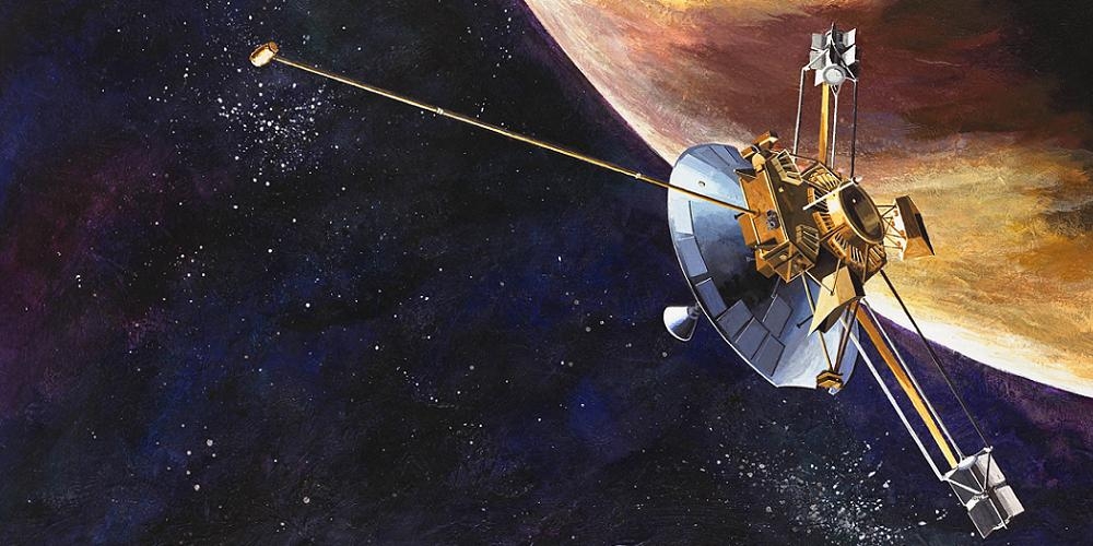 Artistieke impressie van de Pioneer 10 ruimtesonde in de buurt van Jupiter