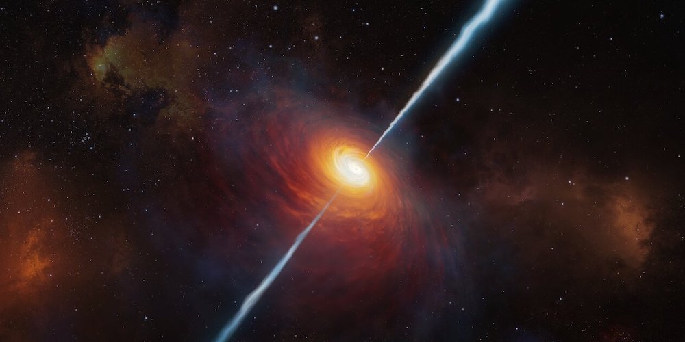Deze artistieke impressie laat zien hoe de verre quasar P172+18 en zijn radiojets eruit kunnen hebben gezien. 