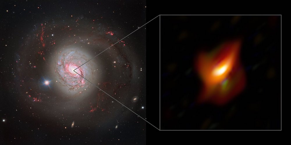 Het linker deel van deze afbeelding toont een schitterende opname van het actieve sterrenstelsel Messier 77, vastgelegd met het FOcal Reducer and low dispersion Spectrograph 2 (FORS2)-instrument van ESO’s Very Large Telescope. Rechts is een sterk opgeblazen beeld van het binnenste deel van dit sterrenstelsel – zijn actieve kern – te zien, zoals vastgelegd met het MATISSE-instrument van ESO’s Very Large Telescope Interferometer.