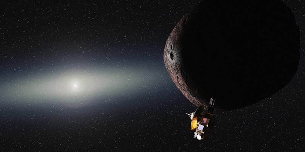 Artistieke impressie van de scheervlucht van New Horizons langs Ultima Thule.