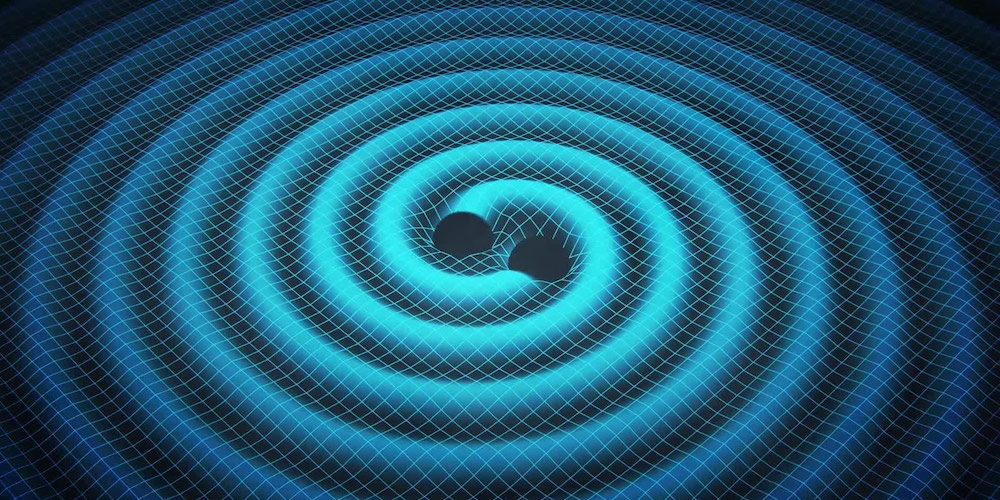Artistieke impressie van twee om elkaar draaiende superzware zwarte gaten die gravitatiegolven genereren