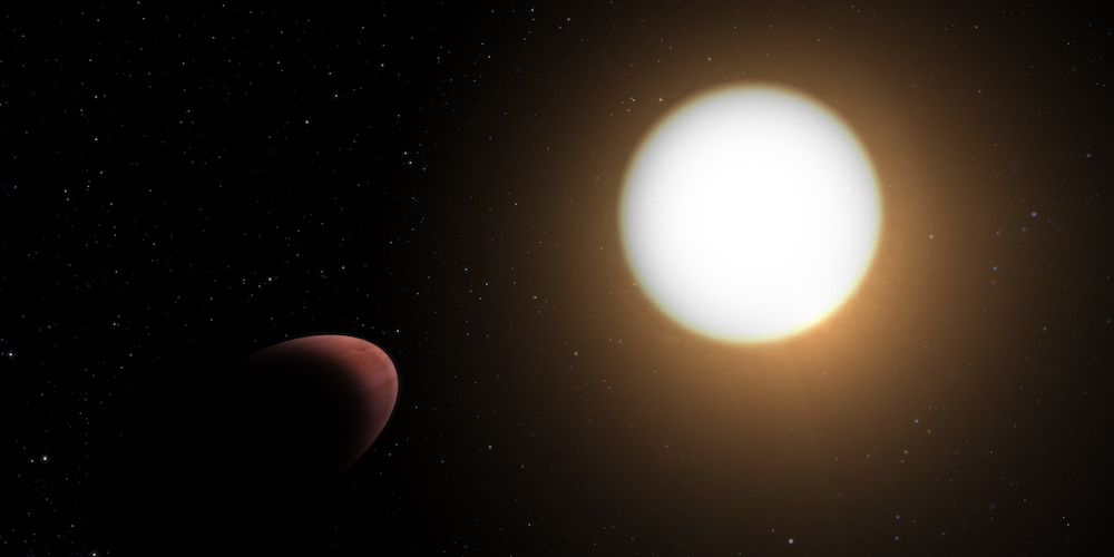 Artist’s impression van de rugbybal-vormige exoplaneet WASP-103b en zijn moederster, die bijna twee keer zo groot is als onze zon. 